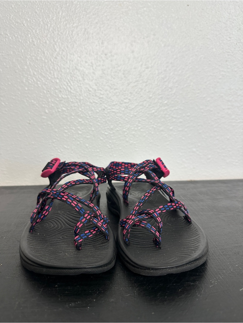 Chaco Women's Black Sandal with Pink and Blue Patterned Webbing